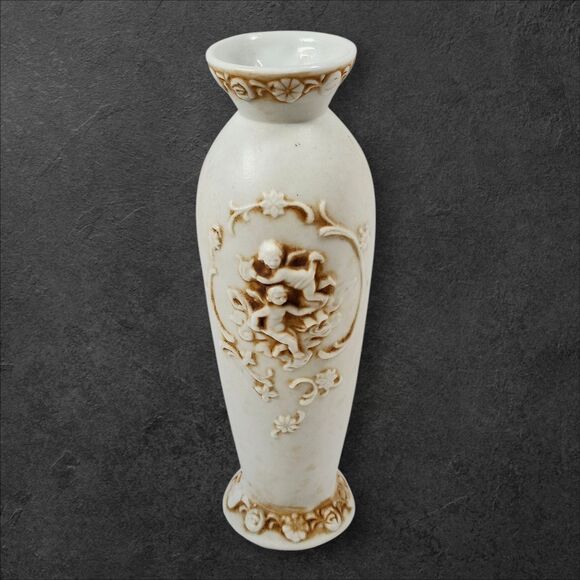Vintage Porcelain Bud Vase w/ Cherubs Likely Lefton Embossed Putti 7" Tall #1597 - Picture 1 of 10